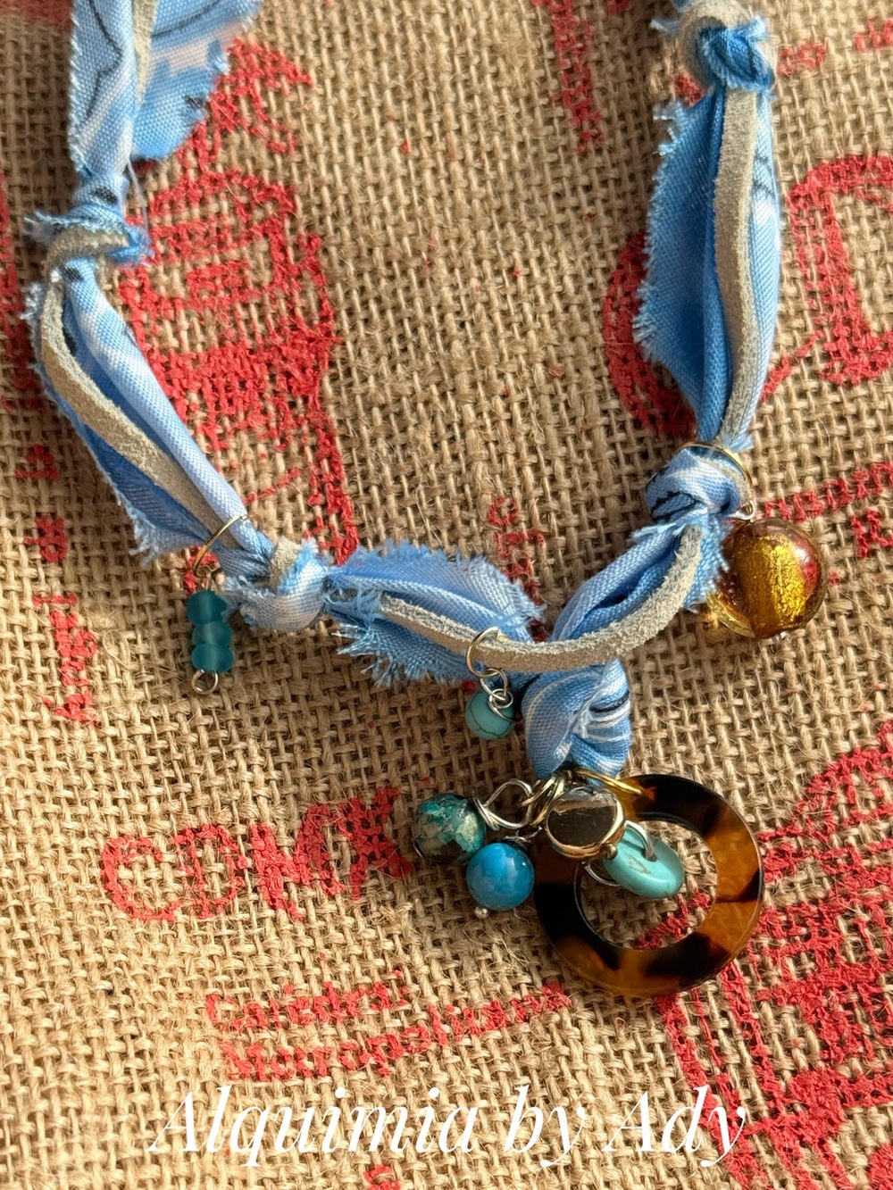 Suede and Light Blue Fabric Necklace with Turquoise and Tortoiseshell Charms
